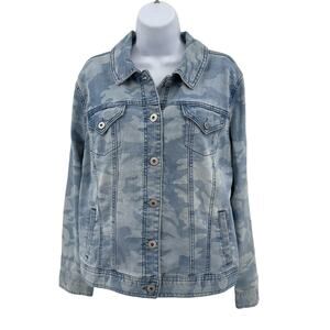 Style & Co Blue Denim Camo Jacket Womens Large Button Up Regular Fit Long Sleeve